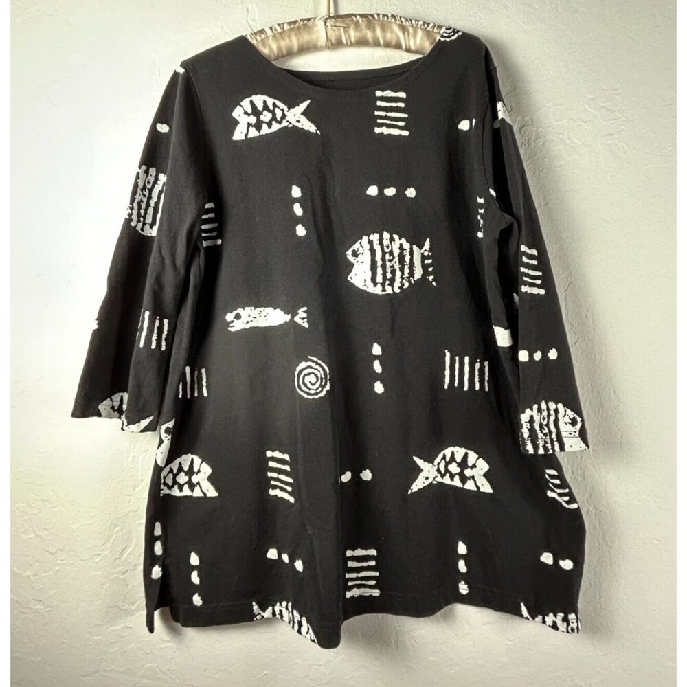 M. Mac Vermont Country Store Top Womens Black Artsy Fish Tunic Large Lagenlook